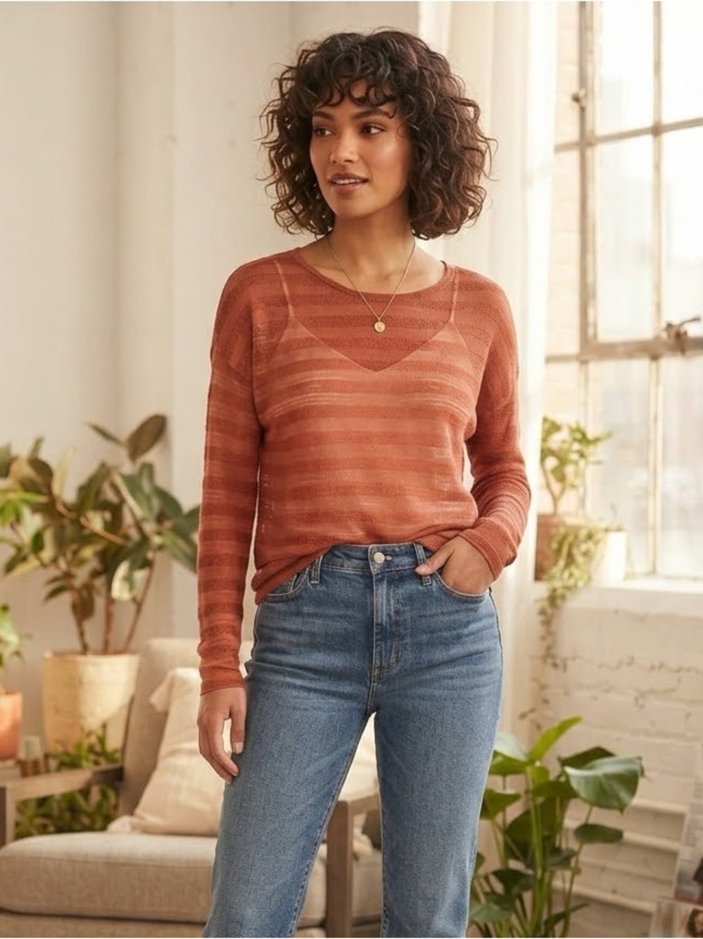 Bobeau Sheer Striped Lightweight Sweater Top Women’s XS Burnt Orange Fall